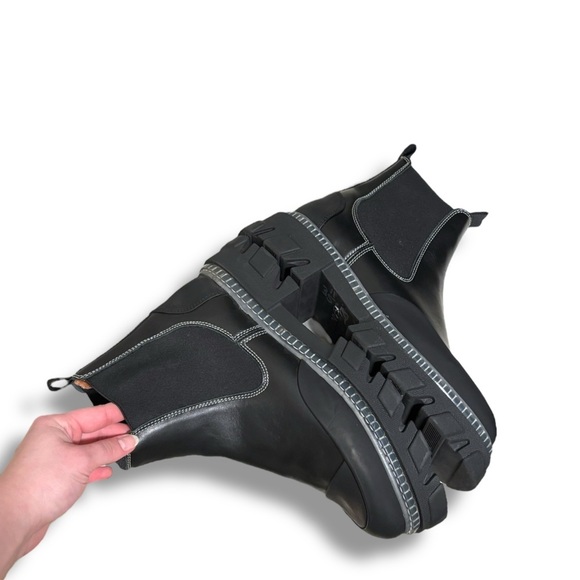 GANNI Cleated Mid Black Leather Lug Sole Chunky Pull on Chelsea Boots Size 12 - Picture 10 of 16
